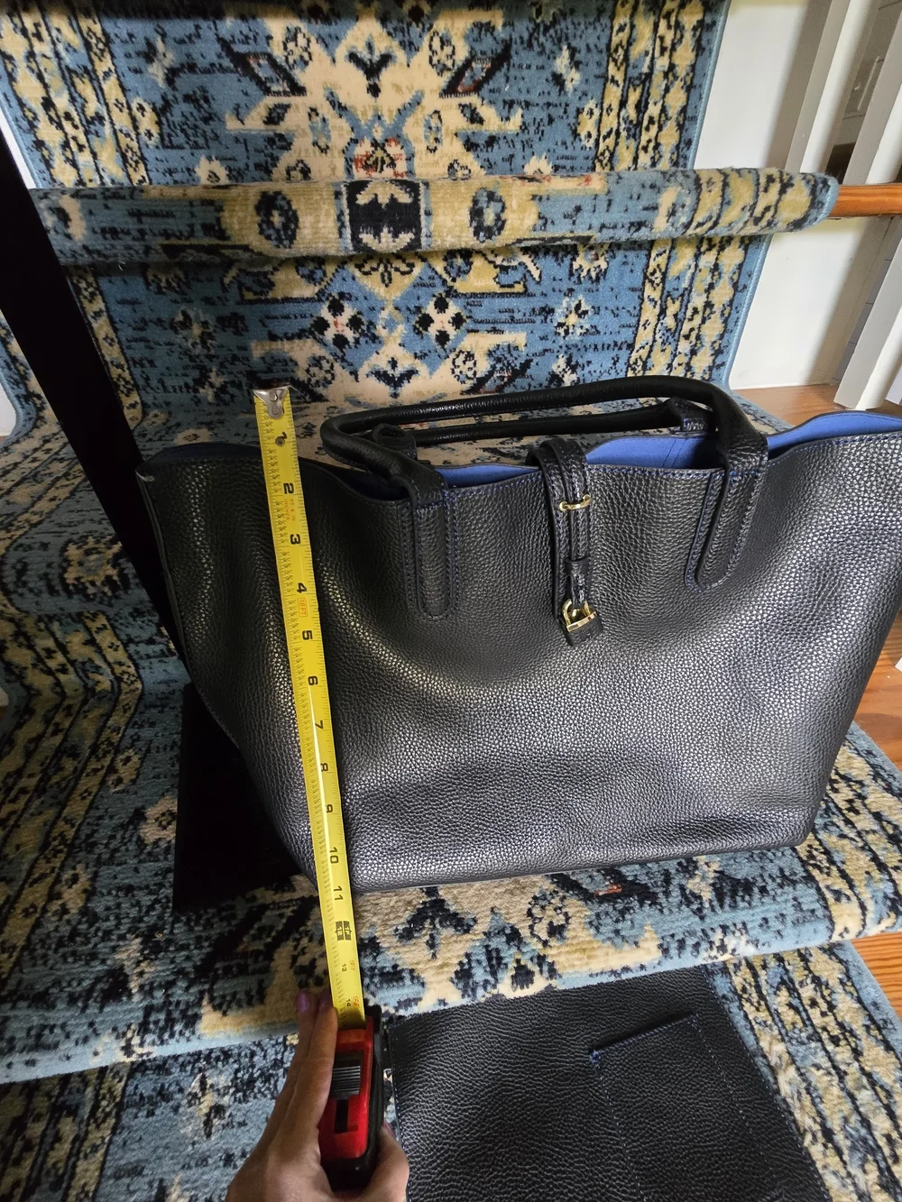Women's Black (PVC That Feels Like Leather) Tote Bag with Blue Interior